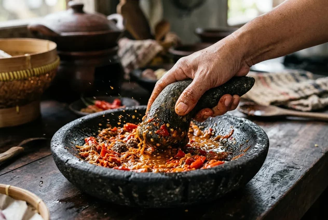Hand grinding red chilies and shrimp paste in a cobek (stone mortar)