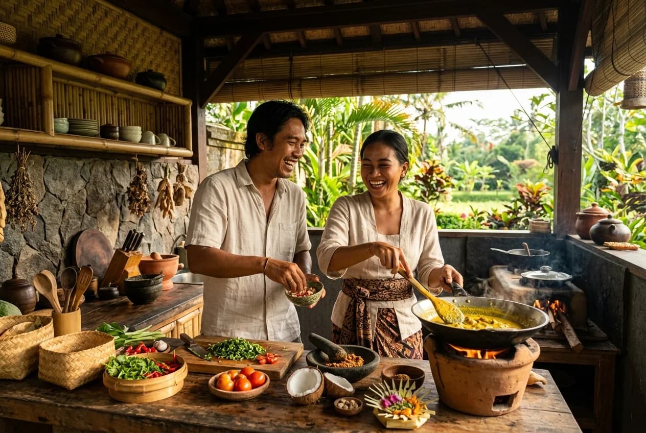 Couple enjoying a romantic Balinese cooking class feast in Ubud