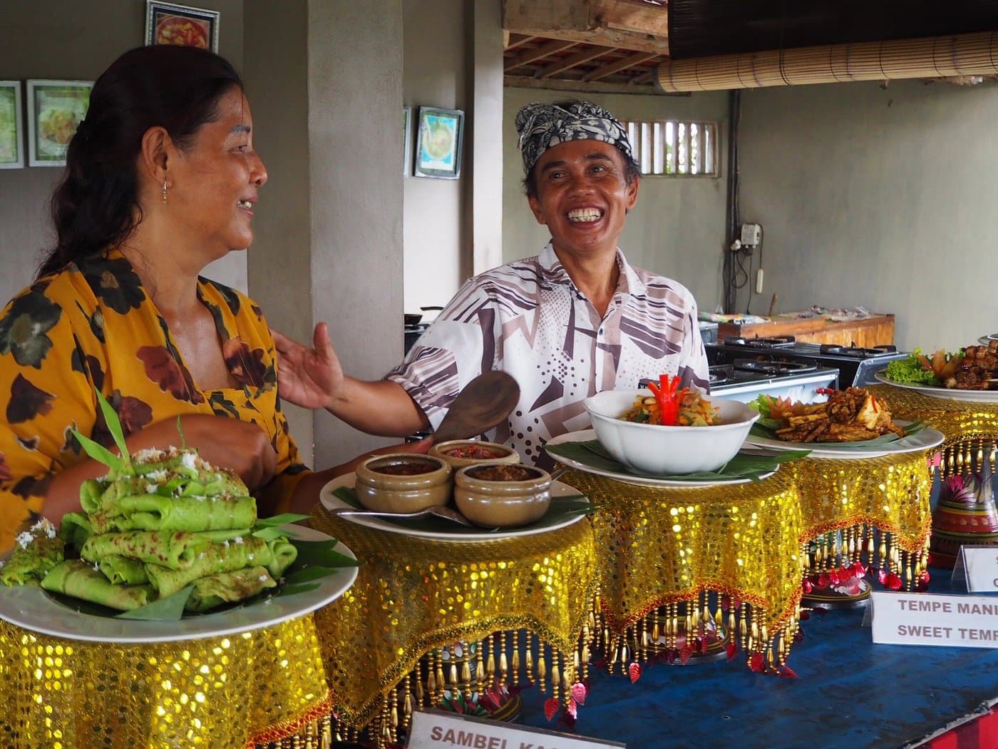 Chef Wayan Suryana with Balinese dishes at Tumang Bali Cooking Class